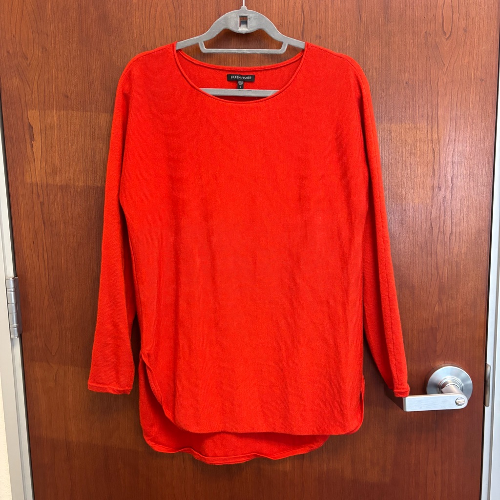 Eileen Fisher Merino Wool Red Orange Knit Longline Tunic Sweater Top
